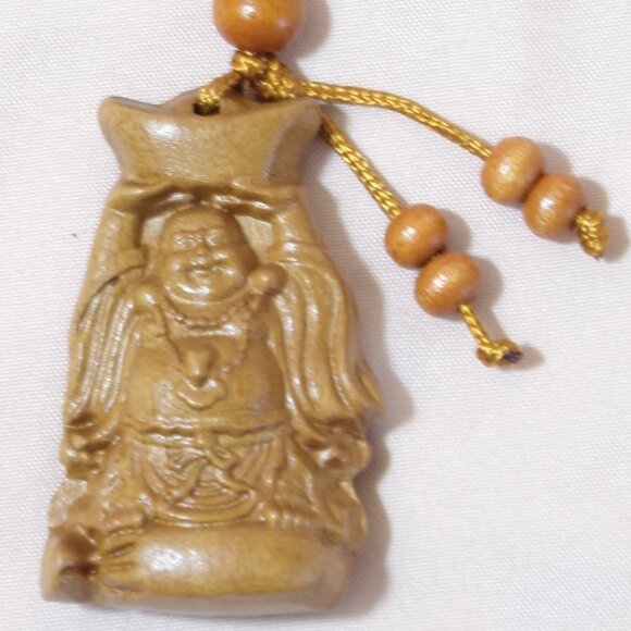 Laughing Buddha Keychain Hotei Carved Peach Wood Pendant Abundance Good Luck Fas - Picture 2 of 8